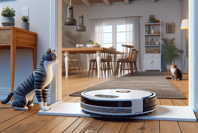 Robotporszívó átmegy a küszöbön? Karikatúra. A szobában macskák nézik a robotporszívót, ahogy próbál átmenni a küszöbön.